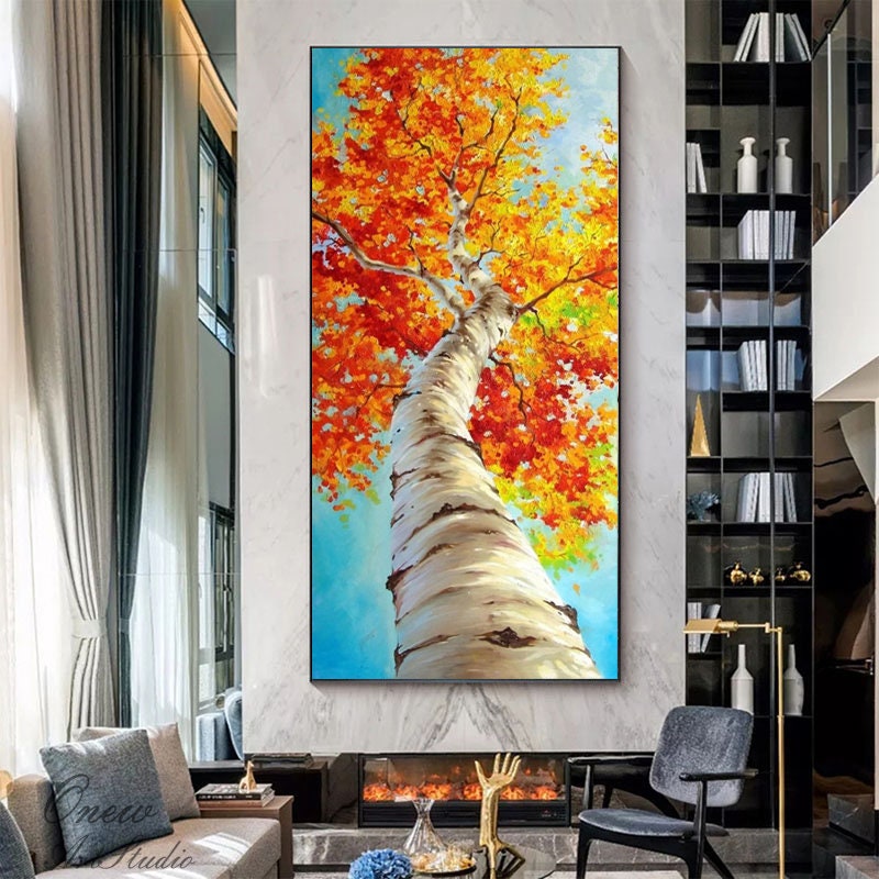 Abstract Tree Oil Painting on Canvas, Large Original Birch Tree Canvas Wall Art, Modern Autumn Landscape Wall Art for Living Room,home Décor