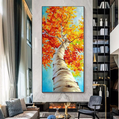 Abstract Tree Oil Painting on Canvas, Large Original Birch Tree Canvas Wall Art, Modern Autumn Landscape Wall Art for Living Room,home Décor