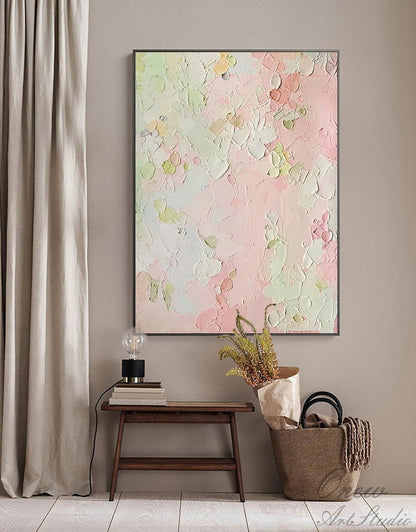 Original Pink and Green Canvas Wall Art, Large Abstract Flower Oil Painting on Canvas, Modern Textured Wall Art for Living Room, Home Decor