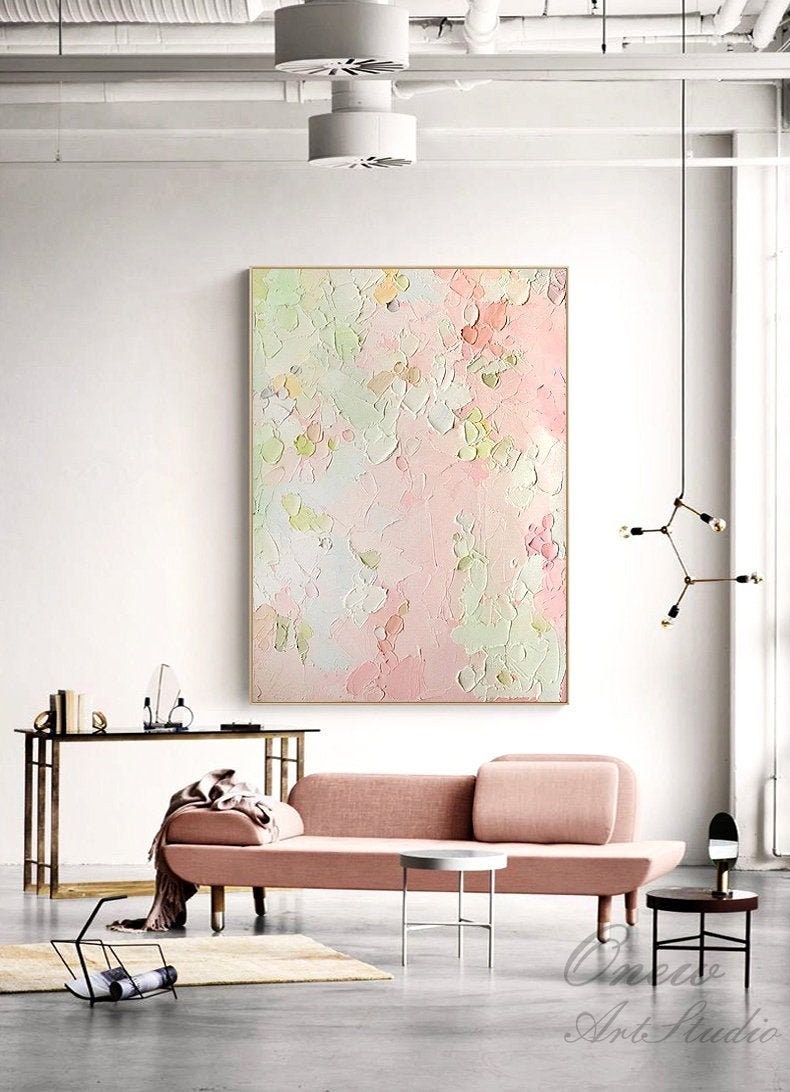 Original Pink and Green Canvas Wall Art, Large Abstract Flower Oil Painting on Canvas, Modern Textured Wall Art for Living Room, Home Decor