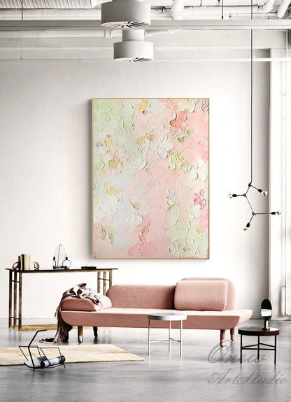 Original Pink and Green Canvas Wall Art, Large Abstract Flower Oil Painting on Canvas, Modern Textured Wall Art for Living Room, Home Decor