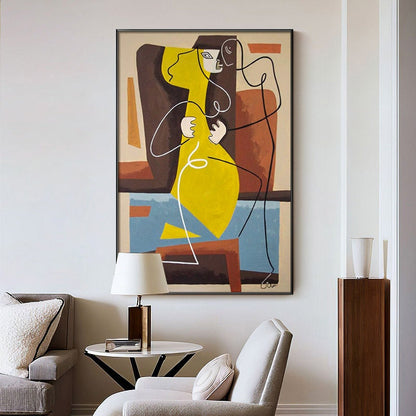 Abstract Woman Figure Oil Painting on Canvas, Large Modern Geometric Canvas Wall Art, Minimalist Female Painting for Living Room, Home Décor