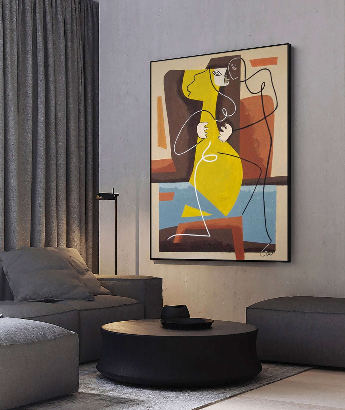 Abstract Woman Figure Oil Painting on Canvas, Large Modern Geometric Canvas Wall Art, Minimalist Female Painting for Living Room, Home Décor