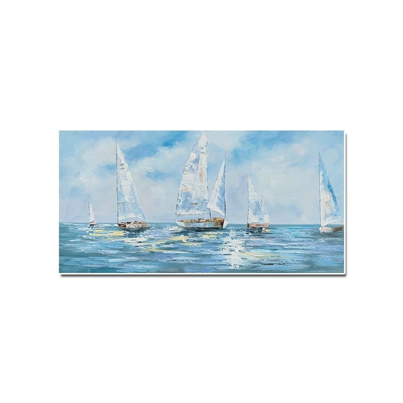 Large Abstract Sailboats Canvas Wall Art, Original Nautical Oil Painting on Canvas, Ocean Wall Art, Modern Seascape Painting for Living Room