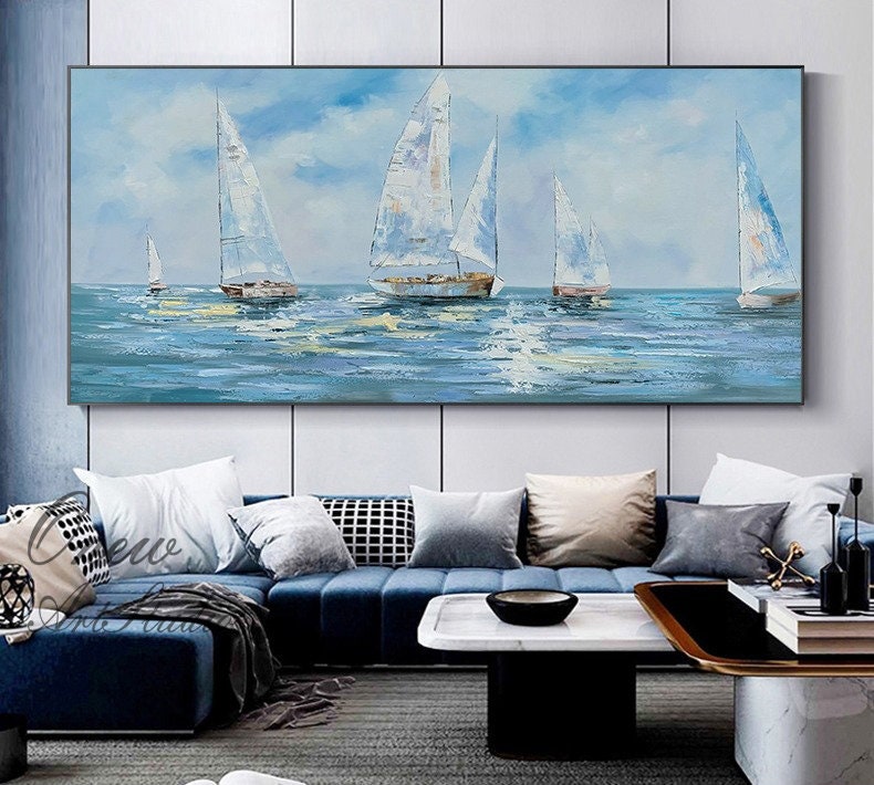 Large Abstract Sailboats Canvas Wall Art, Original Nautical Oil Painting on Canvas, Ocean Wall Art, Modern Seascape Painting for Living Room