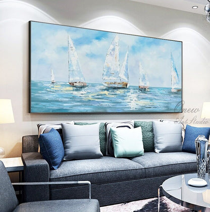 Large Abstract Sailboats Canvas Wall Art, Original Nautical Oil Painting on Canvas, Ocean Wall Art, Modern Seascape Painting for Living Room