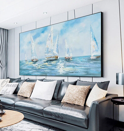 Large Abstract Sailboats Canvas Wall Art, Original Nautical Oil Painting on Canvas, Ocean Wall Art, Modern Seascape Painting for Living Room