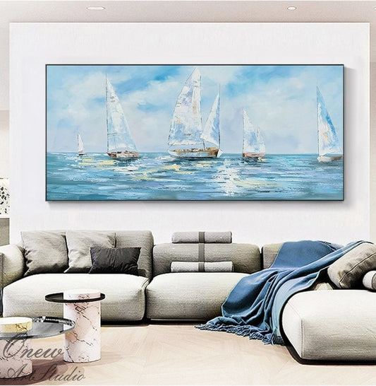 Large Abstract Sailboats Canvas Wall Art, Original Nautical Oil Painting on Canvas, Ocean Wall Art, Modern Seascape Painting for Living Room