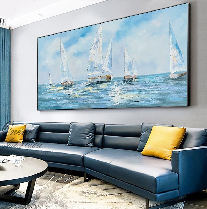 Large Abstract Sailboats Canvas Wall Art, Original Nautical Oil Painting on Canvas, Ocean Wall Art, Modern Seascape Painting for Living Room