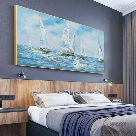 Large Abstract Sailboats Canvas Wall Art, Original Nautical Oil Painting on Canvas, Ocean Wall Art, Modern Seascape Painting for Living Room