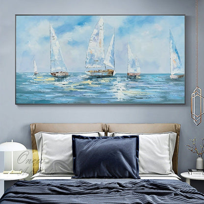 Large Abstract Sailboats Canvas Wall Art, Original Nautical Oil Painting on Canvas, Ocean Wall Art, Modern Seascape Painting for Living Room