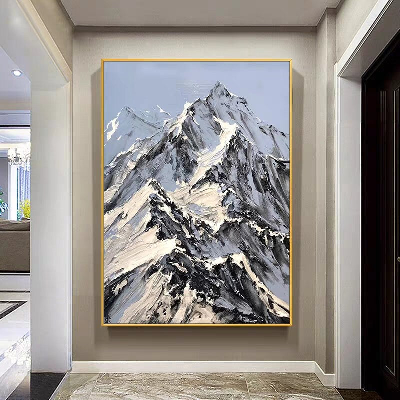 Abstract Snowy Mountain Canvas Wall Art, Large Original Landscape Oil Painting on Canvas, Modern Textured Painting for Living Room Bedroom