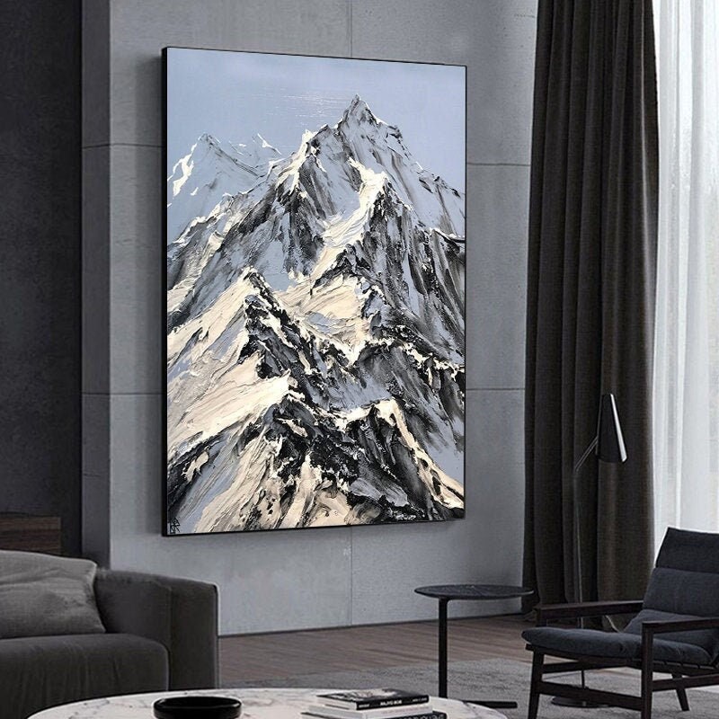 Abstract Snowy Mountain Canvas Wall Art, Large Original Landscape Oil Painting on Canvas, Modern Textured Painting for Living Room Bedroom