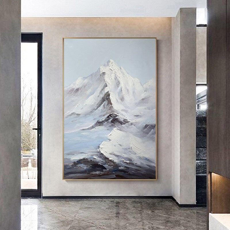 Abstract Snowy Mountain Canvas Wall Art, Original Hand-painted Mountain Oil Painting on Canvas, Modern Landscape Painting for Living Room