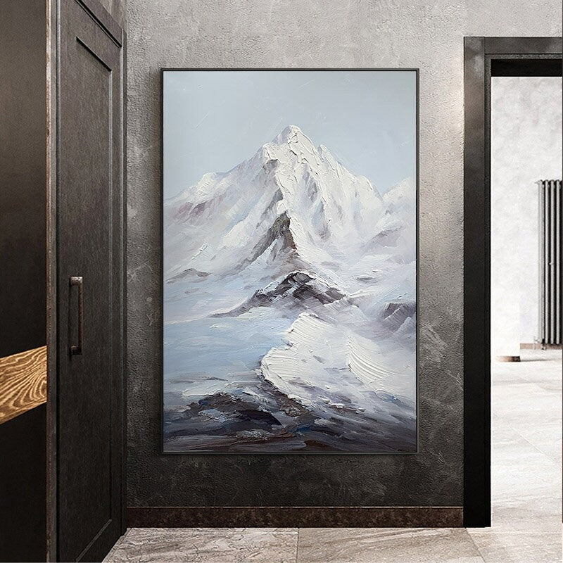 Abstract Snowy Mountain Canvas Wall Art, Original Hand-painted Mountain Oil Painting on Canvas, Modern Landscape Painting for Living Room