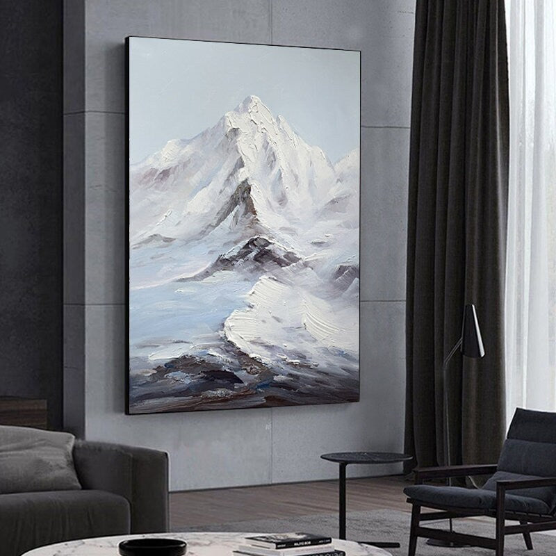 Abstract Snowy Mountain Canvas Wall Art, Original Hand-painted Mountain Oil Painting on Canvas, Modern Landscape Painting for Living Room