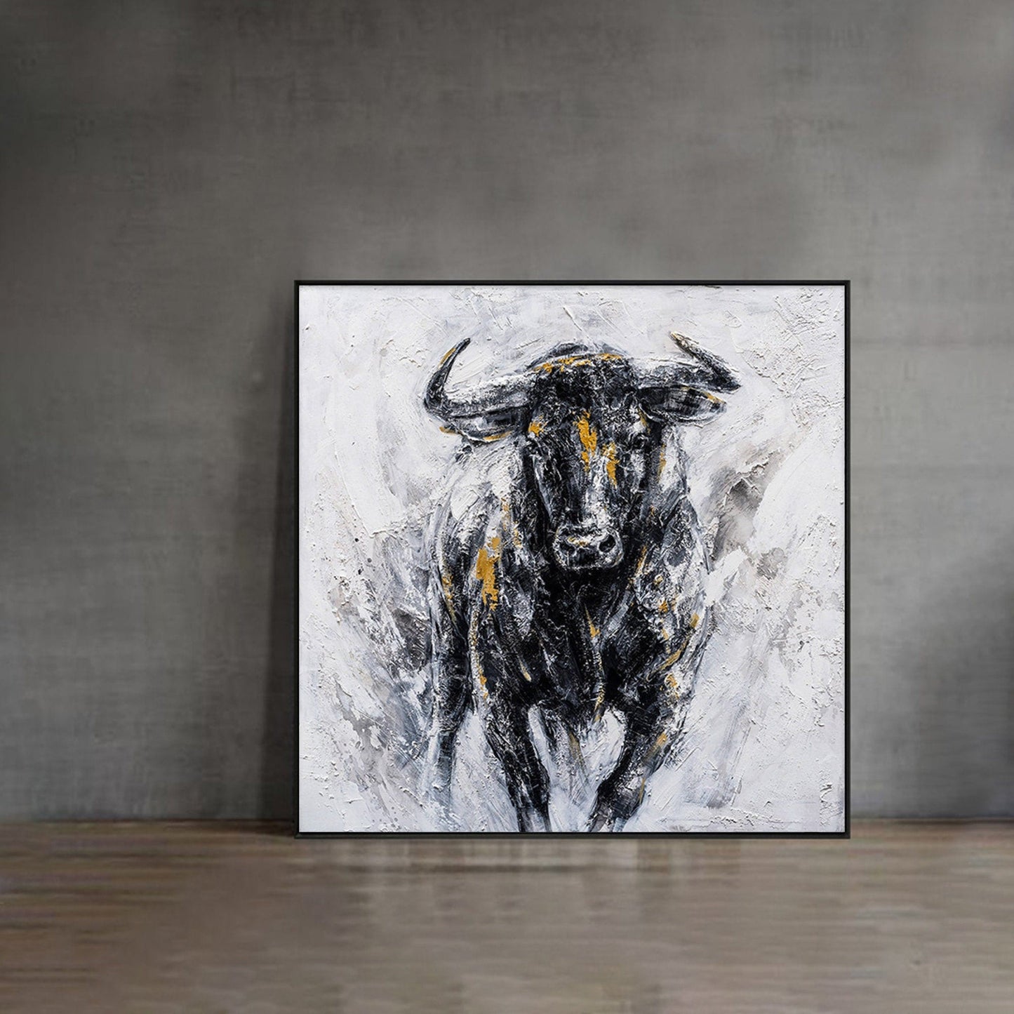 Abstract Bull Painting on Canvas – Black & Gold Textured Wall Art – Abstract Painting