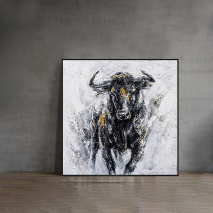 Abstract Bull Painting on Canvas – Black & Gold Textured Wall Art – Abstract Painting