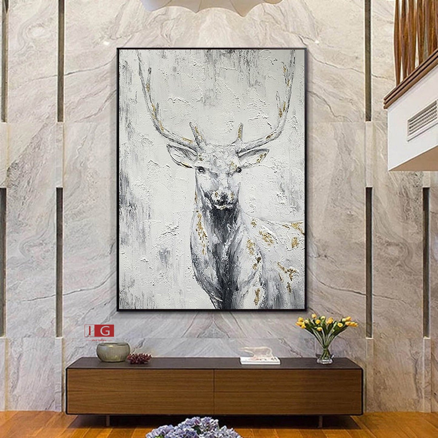 Abstract Deer Painting – Large Animal Canvas Art – Abstract Animal Art