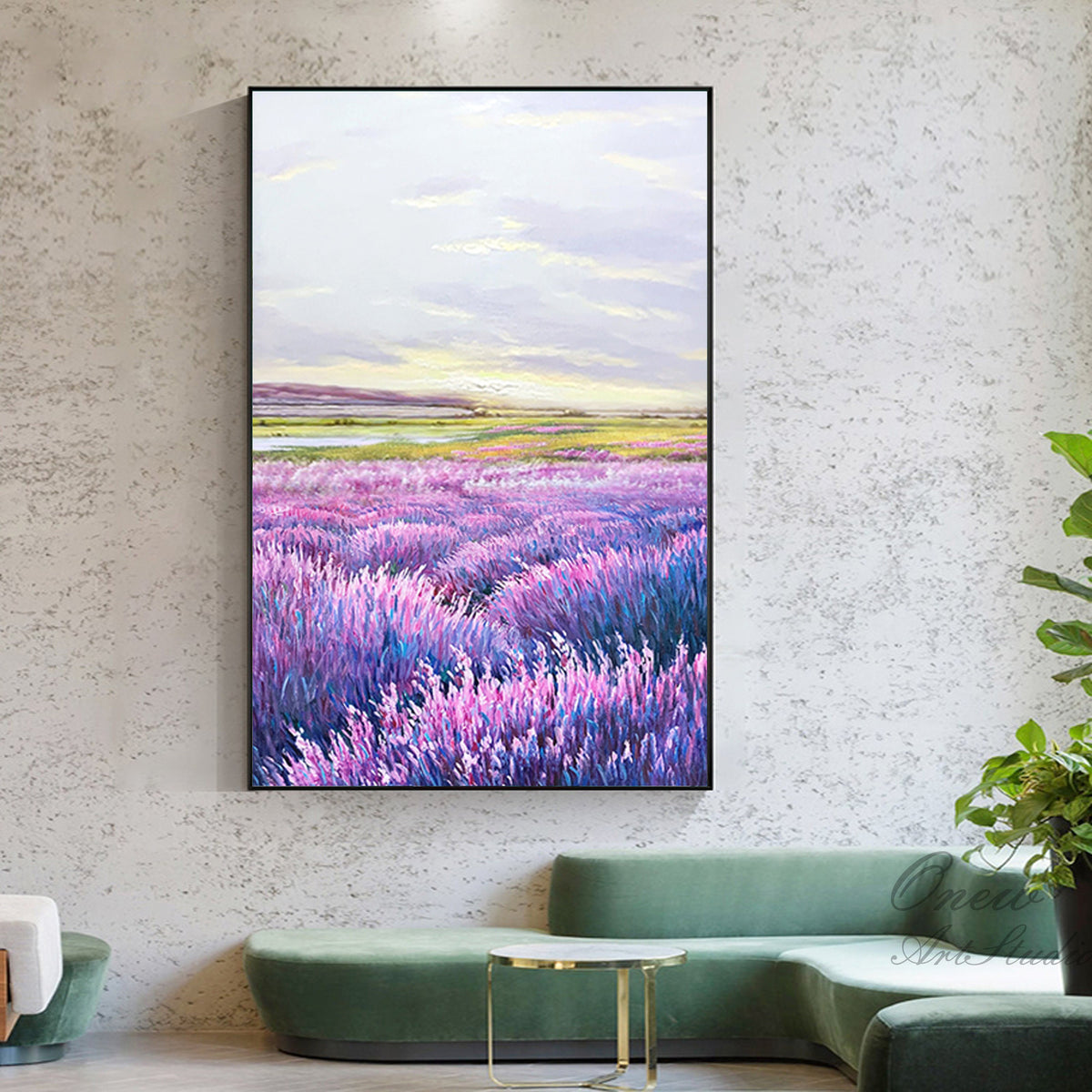 May include: A painting of a field of purple lavender flowers with a green field and a blue sky in the background.