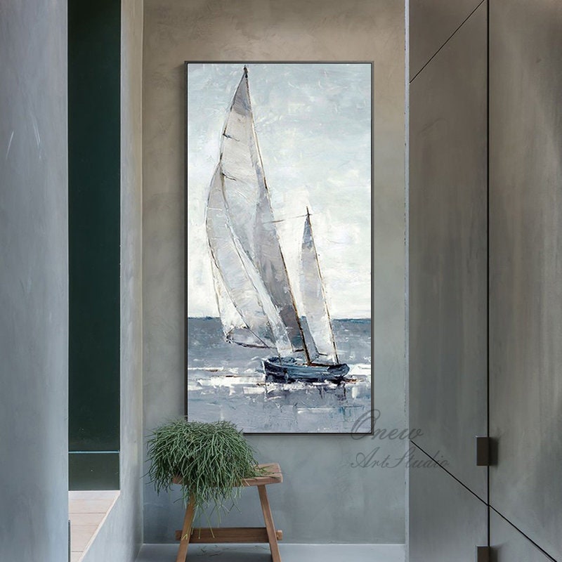 Large Abstract Sailboat Canvas Wall Art, Original Nautical Oil Painting on Canvas, Ship Painting, Modern Seascape Painting for Living Room