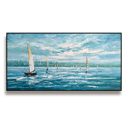 Abstract Seascape Oil Painting on Canvas, Large Original Sailboats Canvas Wall Art, Nautical Wall Art, Modern Ocean Wall Art for Living Room