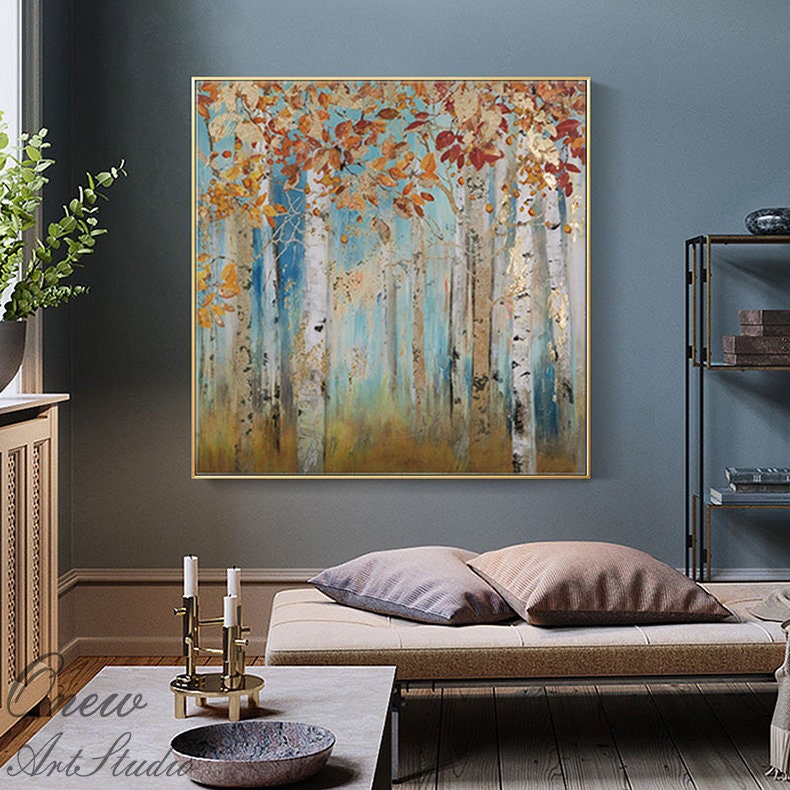Abstract Birch Trees Canvas Wall Art, Original Aspen Trees Oil Painting on Canvas, Modern Autumn Landscape Painting for Living Room Bedroom