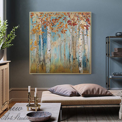 Abstract Birch Trees Canvas Wall Art, Original Aspen Trees Oil Painting on Canvas, Modern Autumn Landscape Painting for Living Room Bedroom
