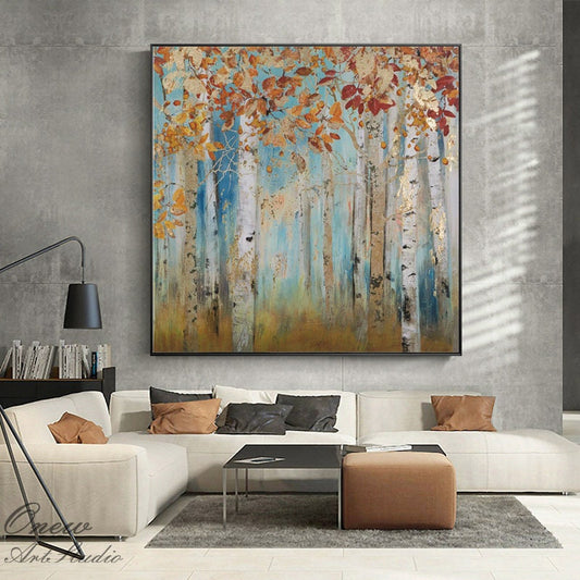 Abstract Birch Trees Canvas Wall Art, Original Aspen Trees Oil Painting on Canvas, Modern Autumn Landscape Painting for Living Room Bedroom