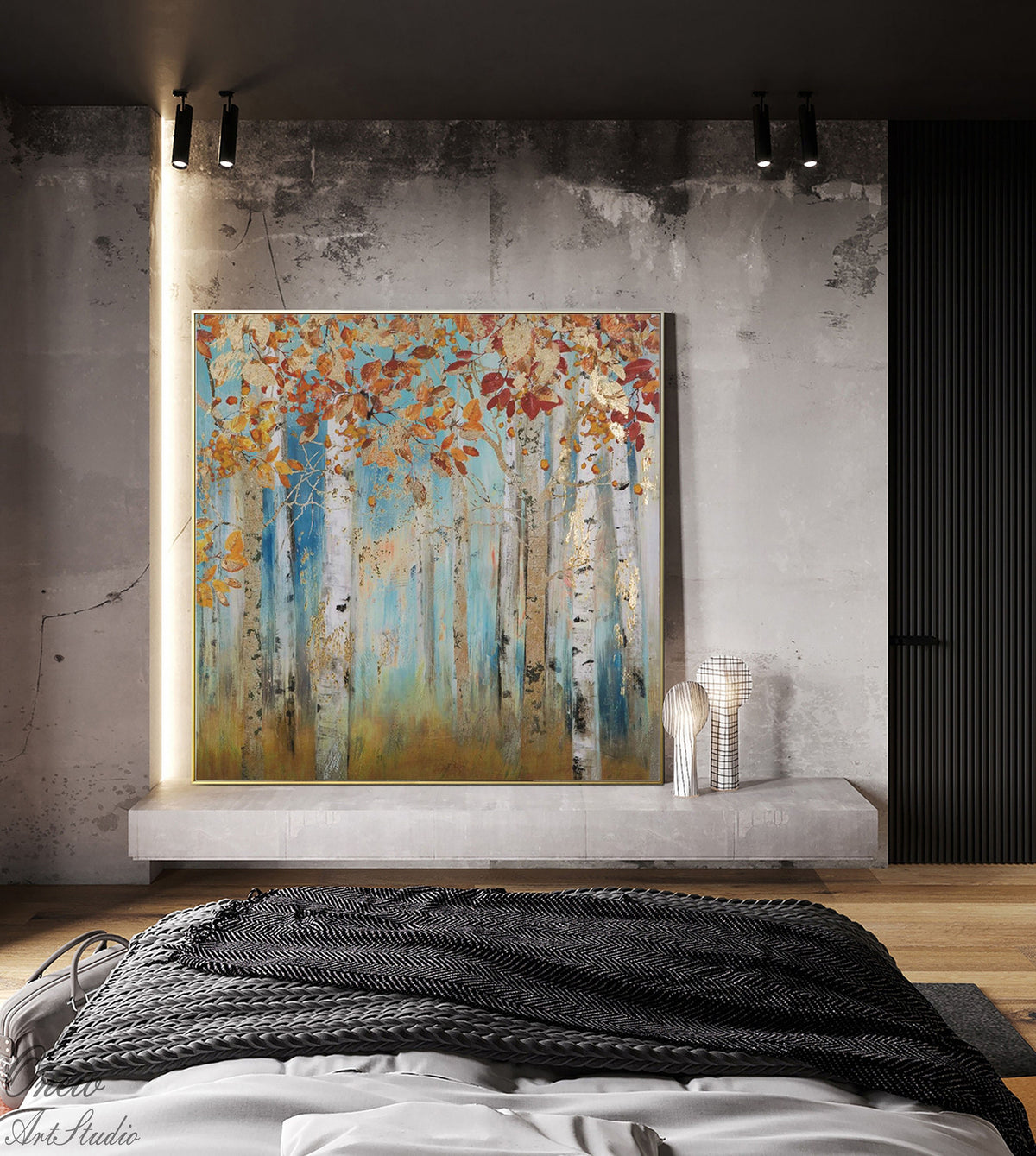 Abstract Birch Trees Canvas Wall Art, Original Aspen Trees Oil Painting on Canvas, Modern Autumn Landscape Painting for Living Room Bedroom