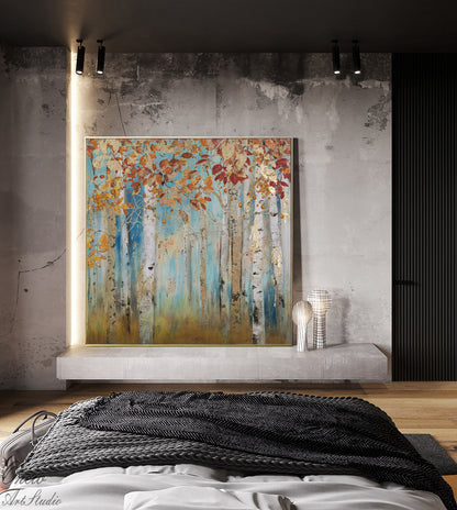 Abstract Birch Trees Canvas Wall Art, Original Aspen Trees Oil Painting on Canvas, Modern Autumn Landscape Painting for Living Room Bedroom
