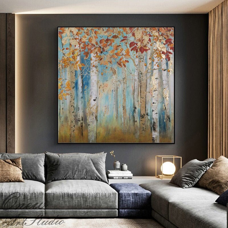 Abstract Birch Trees Canvas Wall Art, Original Aspen Trees Oil Painting on Canvas, Modern Autumn Landscape Painting for Living Room Bedroom