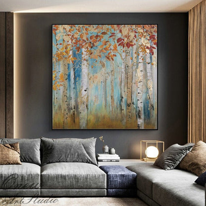 Abstract Birch Trees Canvas Wall Art, Original Aspen Trees Oil Painting on Canvas, Modern Autumn Landscape Painting for Living Room Bedroom