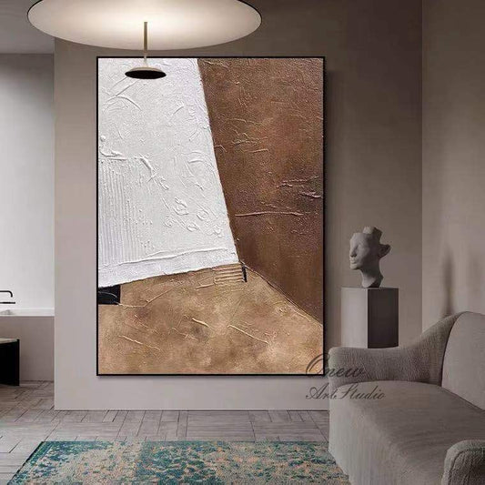 Large Abstract Oil Painting on Canvas, Original Brown and White Canvas Wall Art, Modern Minimalist Wall Art for Living Room, Bedroom Decor