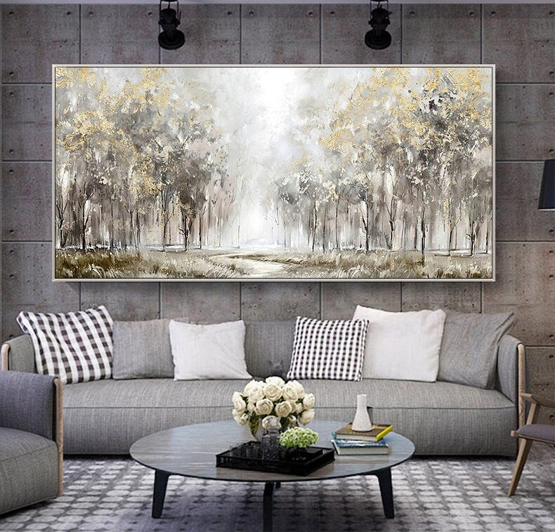 Large Abstract Trees Oil Painting on Canvas, Original Landscape Canvas Wall Art, Modern Forest Wall Art for Living Room, Bedroom Decor
