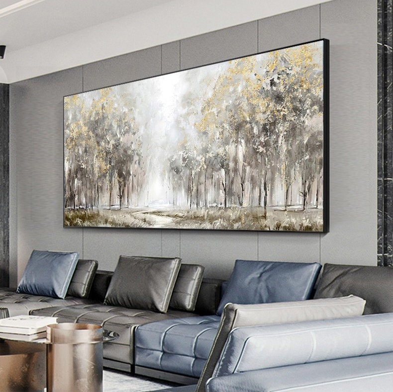 Large Abstract Trees Oil Painting on Canvas, Original Landscape Canvas Wall Art, Modern Forest Wall Art for Living Room, Bedroom Decor
