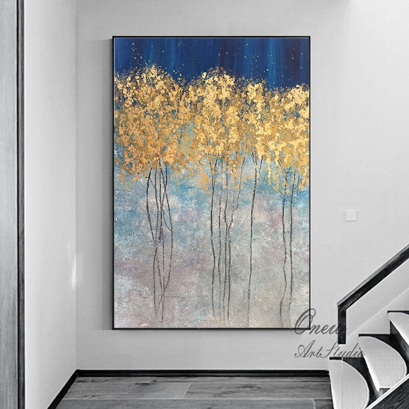 Abstract Gold Trees Canvas Wall Art, Original Autumn Landscape Oil Painting on Canvas, Modern Forest Wall Art for Living Room, Bedroom Décor