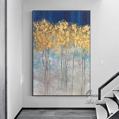 Abstract Gold Trees Canvas Wall Art, Original Autumn Landscape Oil Painting on Canvas, Modern Forest Wall Art for Living Room, Bedroom Décor