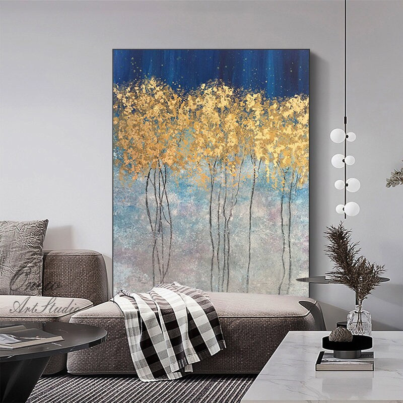 Abstract Gold Trees Canvas Wall Art, Original Autumn Landscape Oil Painting on Canvas, Modern Forest Wall Art for Living Room, Bedroom Décor