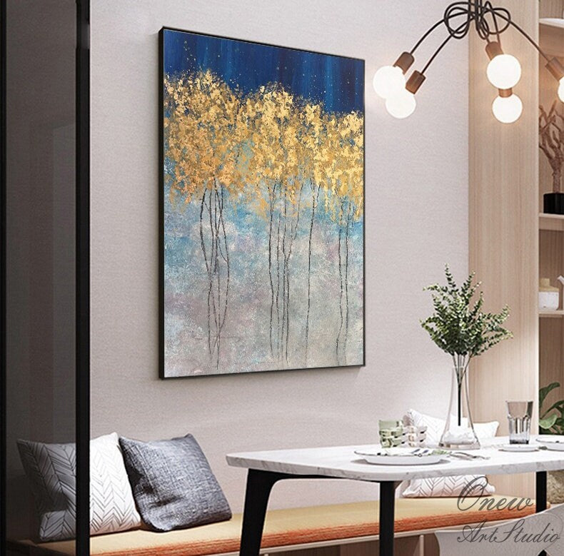 Abstract Gold Trees Canvas Wall Art, Original Autumn Landscape Oil Painting on Canvas, Modern Forest Wall Art for Living Room, Bedroom Décor
