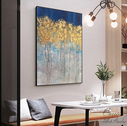 Abstract Gold Trees Canvas Wall Art, Original Autumn Landscape Oil Painting on Canvas, Modern Forest Wall Art for Living Room, Bedroom Décor
