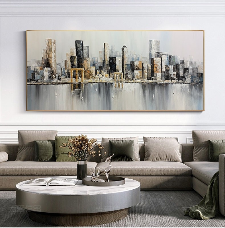 Original Brooklyn Bridge Canvas Wall Art, Abstract New York Cityscape Oil Painting on Canvas, Modern Manhattan Painting for Living Room