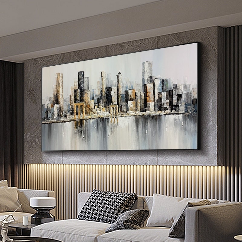 Original Brooklyn Bridge Canvas Wall Art, Abstract New York Cityscape Oil Painting on Canvas, Modern Manhattan Painting for Living Room