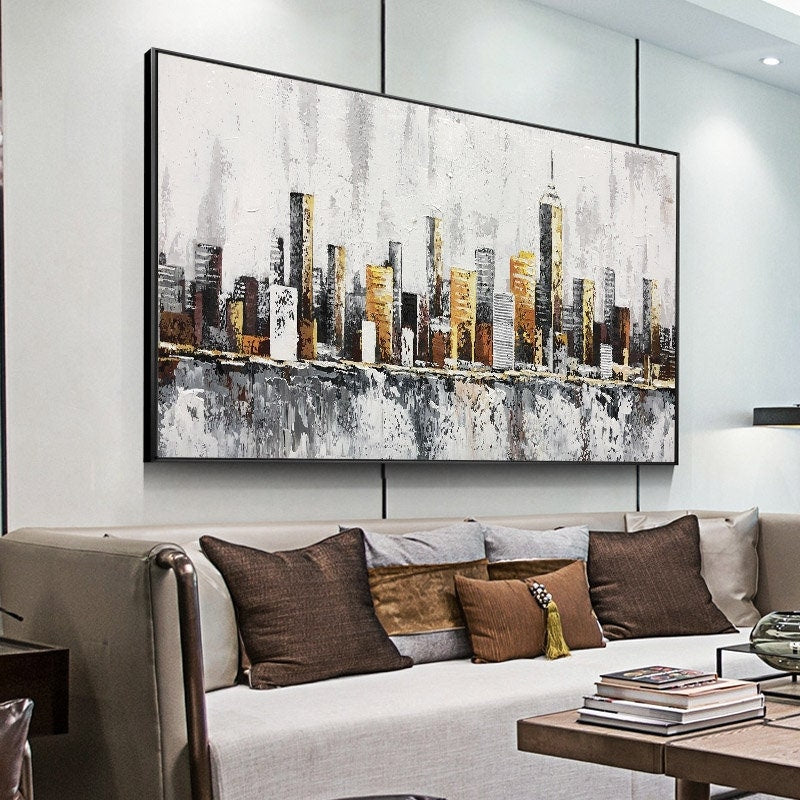 Abstract New York Cityscape Oil Painting on Canvas, Original Manhattan Canvas Wall Art, Modern Urban Painting for Living Room, Bedroom Décor