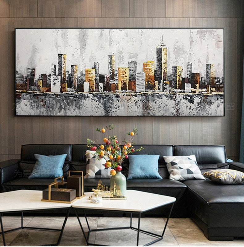 Abstract New York Cityscape Oil Painting on Canvas, Original Manhattan Canvas Wall Art, Modern Urban Painting for Living Room, Bedroom Décor