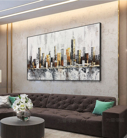 Abstract New York Cityscape Oil Painting on Canvas, Original Manhattan Canvas Wall Art, Modern Urban Painting for Living Room, Bedroom Décor