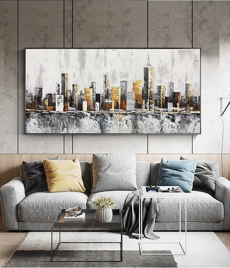 Abstract New York Cityscape Oil Painting on Canvas, Original Manhattan Canvas Wall Art, Modern Urban Painting for Living Room, Bedroom Décor