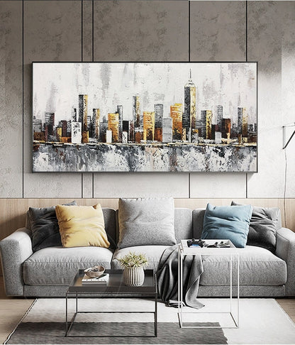 Abstract New York Cityscape Oil Painting on Canvas, Original Manhattan Canvas Wall Art, Modern Urban Painting for Living Room, Bedroom Décor