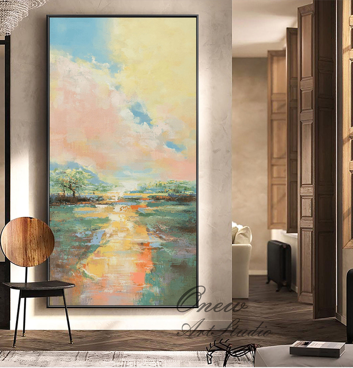 Large Abstract Landscape Oil Painting on Canvas, Original Colorful Clouds Canvas Wall Art, Modern Nature Wall Art for Living Room,home Décor