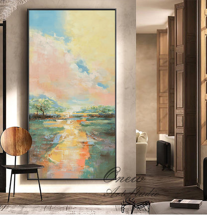 Large Abstract Landscape Oil Painting on Canvas, Original Colorful Clouds Canvas Wall Art, Modern Nature Wall Art for Living Room,home Décor